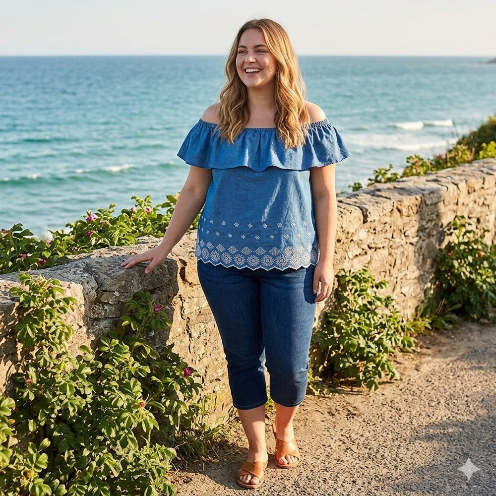 OLD NAVY XL Chambray Top Blue White Embroidered Ruffle Off Shoulder Boho Blouse